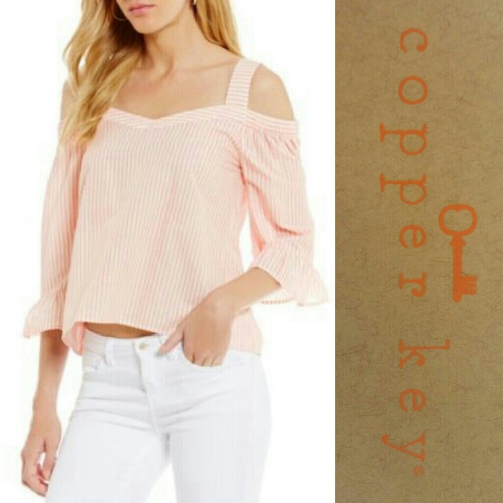 🆕🌱 COPPER KEY Pinstripe ColdShoulder Ruffle Bell